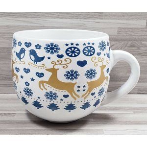 Modern Gourmet Foods Reindeer Christmas 14 oz. Coffee Mug Cup White Blue Gold